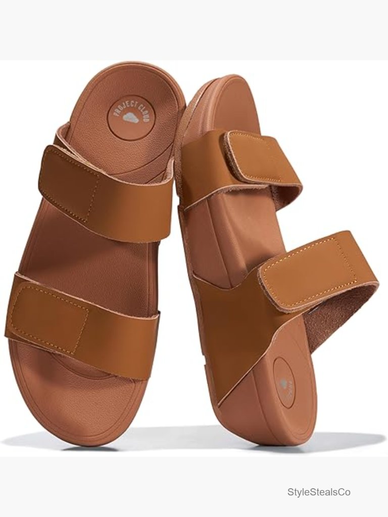 Genuine Leather Platform Sandals - Lightweight Slides With Adjustable Double
